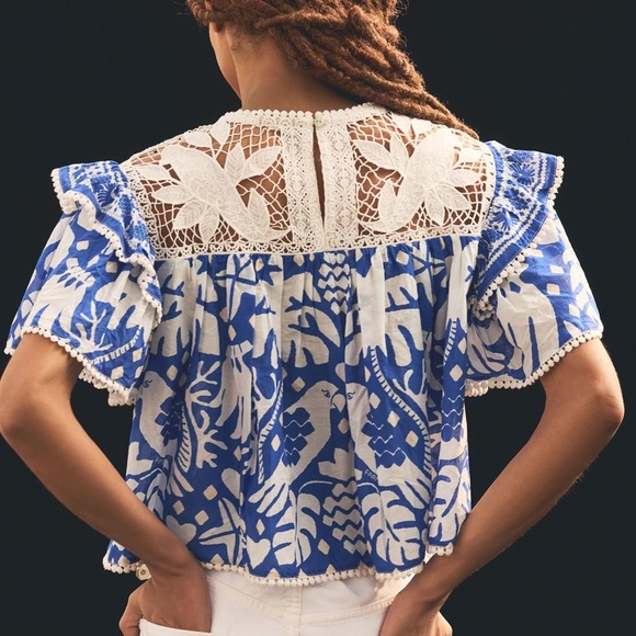 Farm Rio Jungle Scarf Ruffle Lace Blouse - Picture 6 of 7